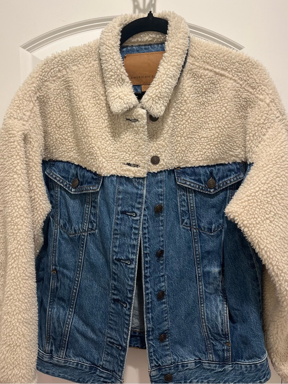 American Eagle Mixed Media Split Teddy Fleece Denim Trucker Jacket Unisex